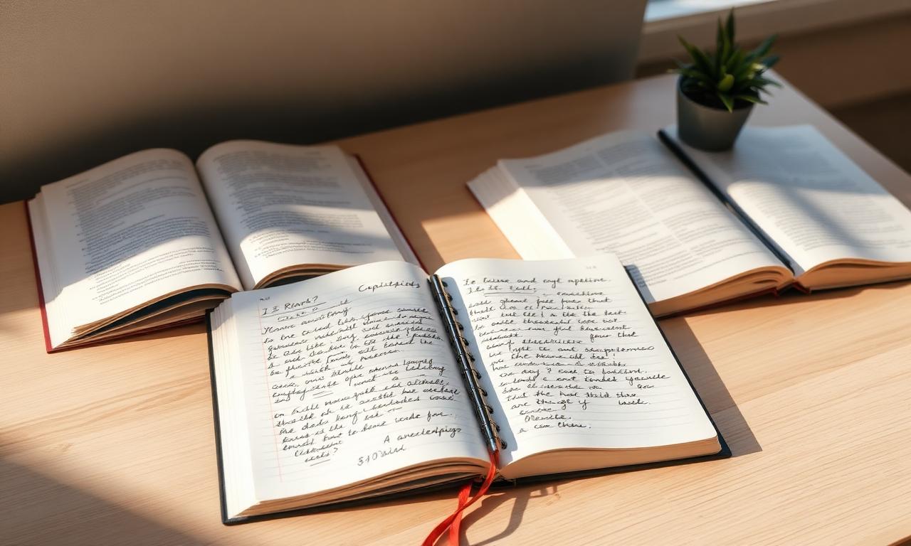 Böcker och studieanteckningar på ett skrivbord